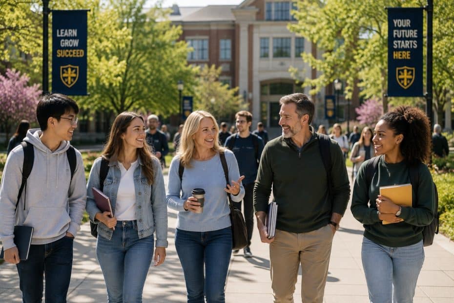 Group of five diverse students walking and talking on a sunny campus, carrying books and a coffee cup.