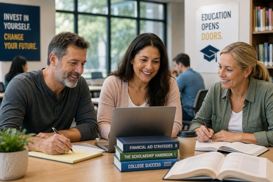 Three adults study together at a table with a laptop, notebooks, and stacked books in a bright campus library.