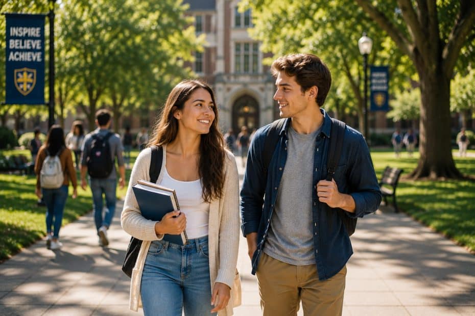 Two students walk and talk on a sunny campus, one carrying notebooks and a bag, both smiling at each other.