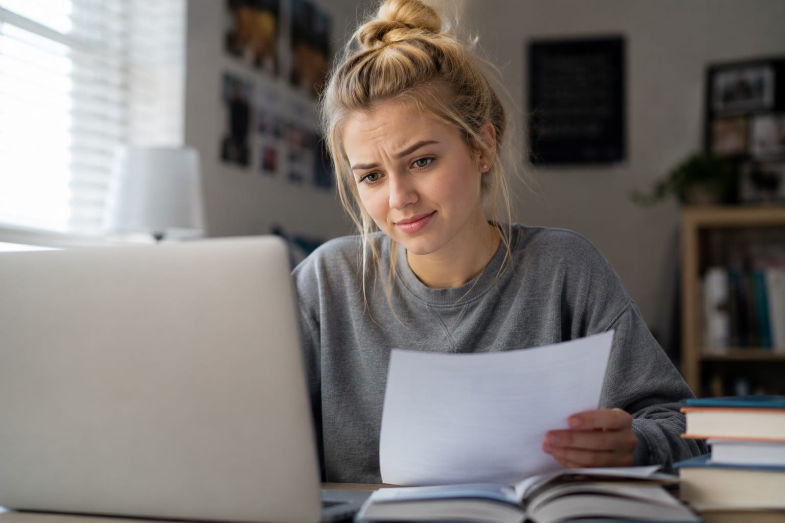 Young woman studying at a desk with a laptop, holding a paper and looking thoughtful.